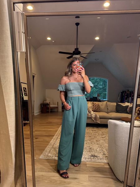 Obsessed with this outfit! 🤩 
Wide leg Dress pants - tts - 29 reg length (size 8 & I’m 5’5) 
Off the shoulder top TTS - M 

⭐️ code AFMORGAN stacks for extra 15% off everything 🤩⭐️ 20% off all dresses & 15% off almost everything else!!! My code stacks on top of all sales!!! 🎉 

My measurements: 
29” at smallest part of waist, 41” at widest part of hips/butt, & 36.5” widest part of chest/boobs, & I’m 5’5 height
