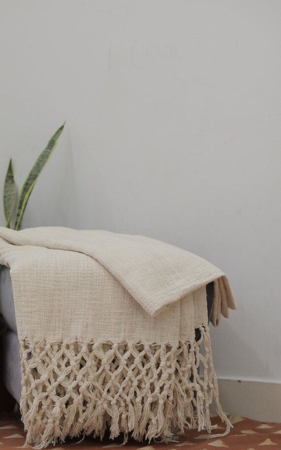 Long Tasseled Throw Blanket Boho  Handloom Ivory Bedding  | Etsy | Etsy (US)
