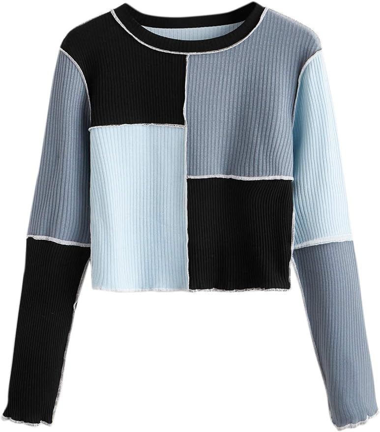 SheIn Women's Patchwork Color Block Crop Top Tees Long Sleeve Round Neck Ribbed Knit T Shirt | Amazon (US)