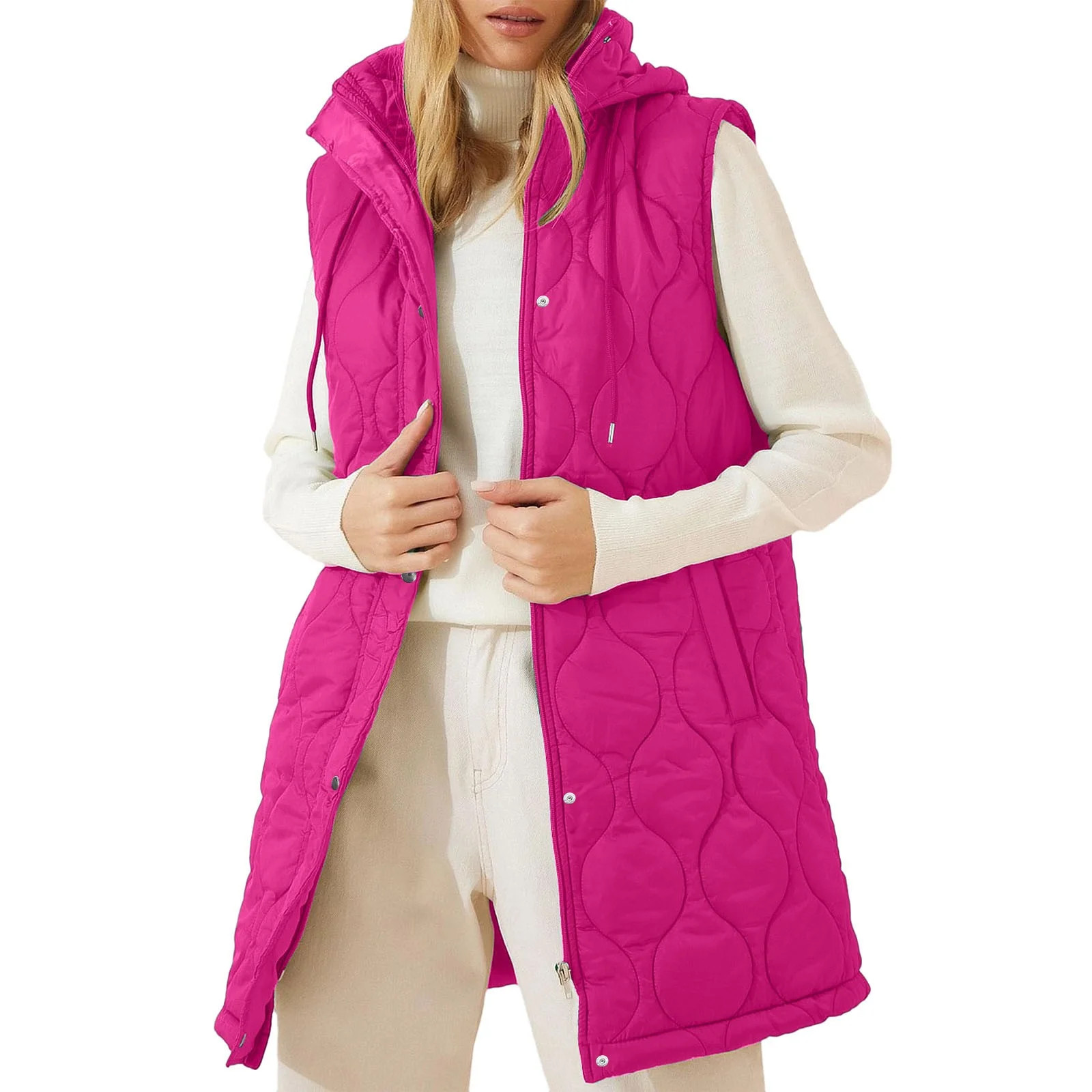 Nfurl Long Puffer Vest Women Fall Winter Full Zip Solid Color Quilted Outerwear Vests with Hood L... | Walmart (US)