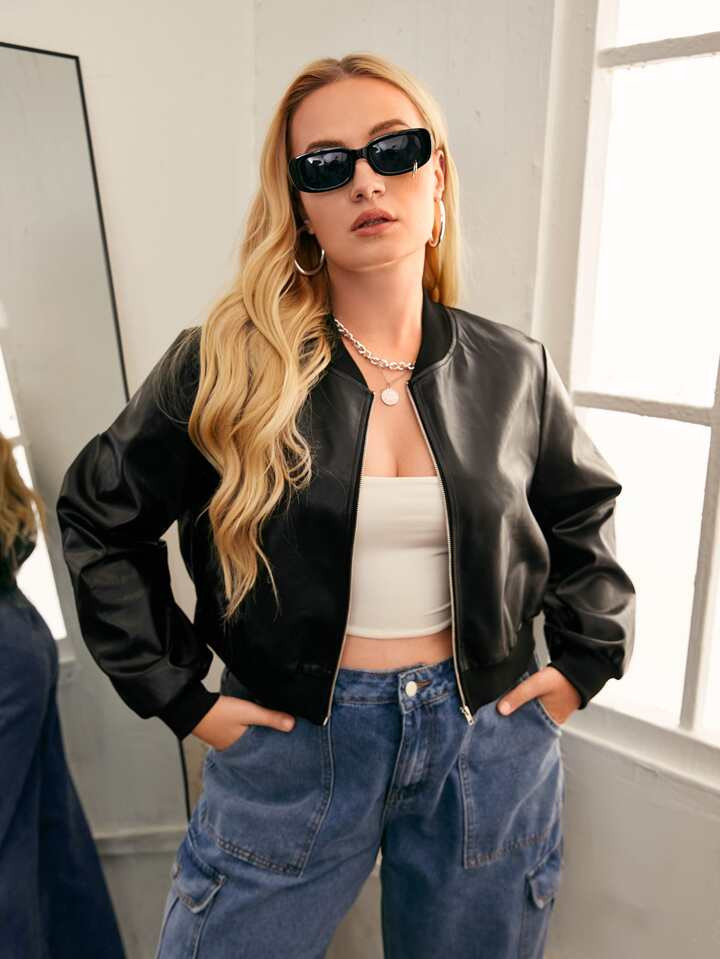 SHEIN EZwear Plus Solid Zip Up PU Leather Bomber Jacket, For Winter | SHEIN