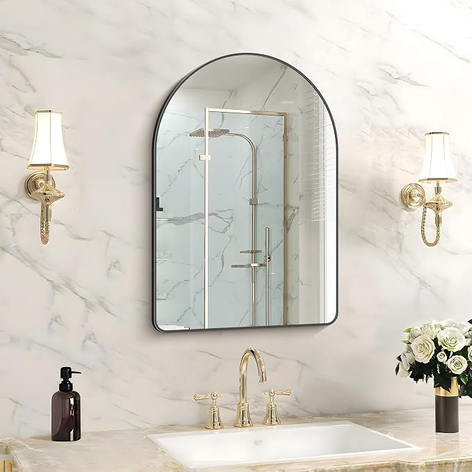 Arched Bathroom Mirror 16x24 Inch, Black Bathroom Mirror Wall Mounted Modern Aluminum Alloy Frame... | Amazon (US)