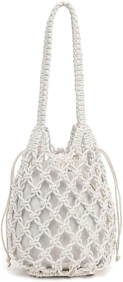 Woven Bucket Handbag for Women, Summer Beach Tote Bag Drawstring Shoulder Bag, Cute Handmade Buck... | Amazon (US)