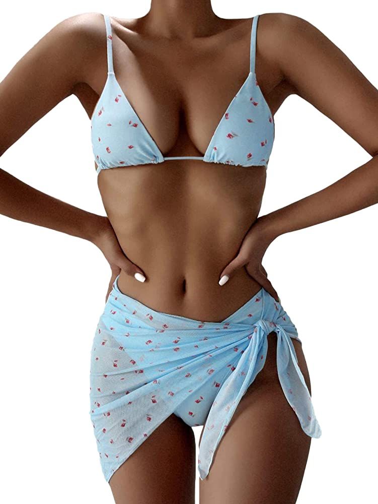 MakeMeChic Women's 3pcs Swimsuit Triangle Bikini Set with Cover Up Beach Skirt | Amazon (US)