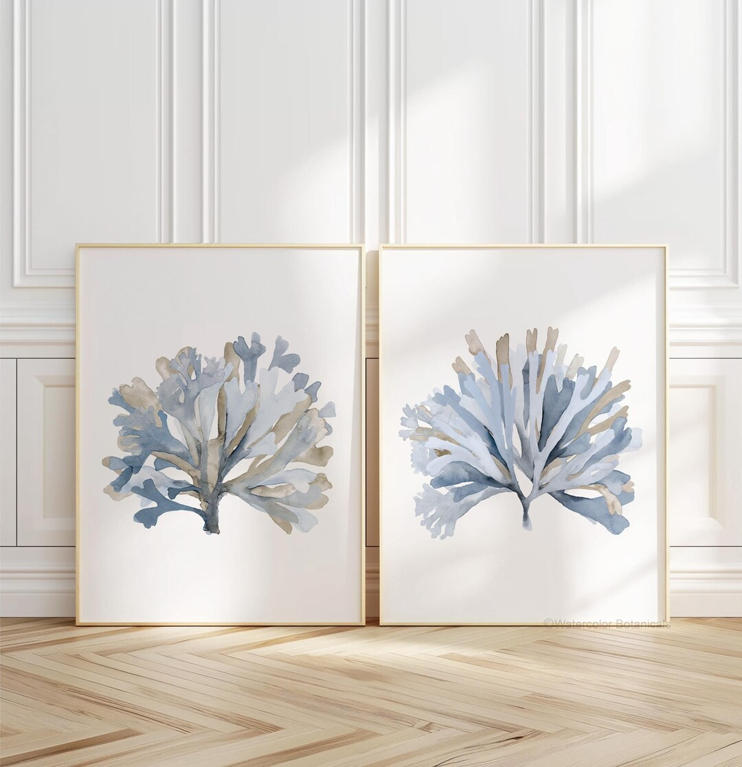Light Blue Seaweed, Watercolor Minimalist Art, Coastal Wall Decor, Beach House Art, Set of 2 Bota... | Etsy (US)