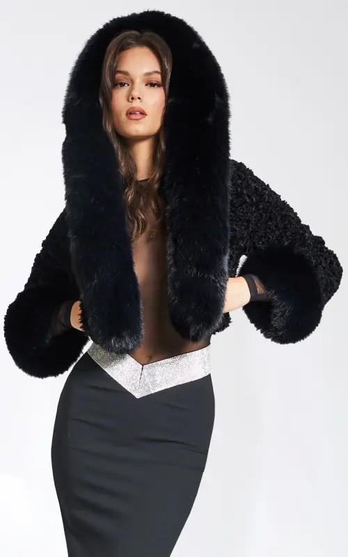 Miss Circle Kali Cropped Faux Fur Jacket With Hood in Black at Nordstrom, Size Medium | Nordstrom