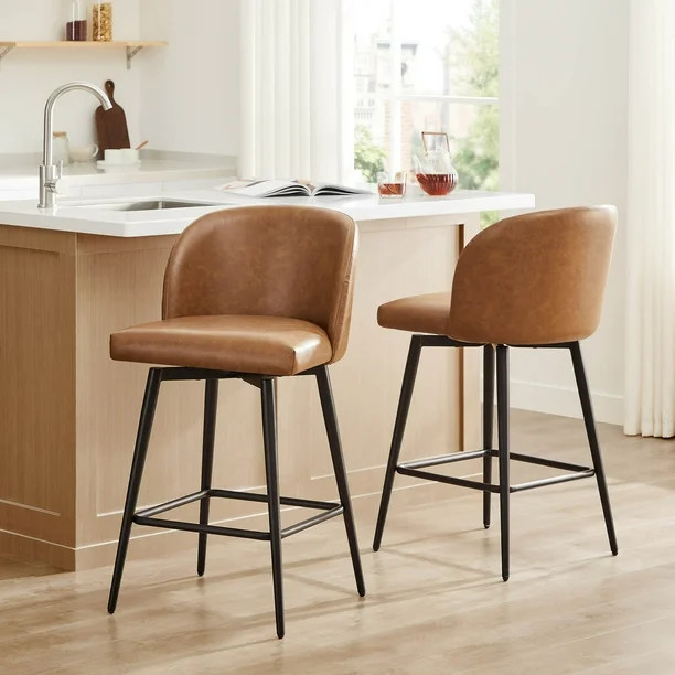 CHITA 27" Swivel Upholstered Counter Bar Stools Set of 2 with Back & Metal Legs, Faux Leather in ... | Walmart (US)
