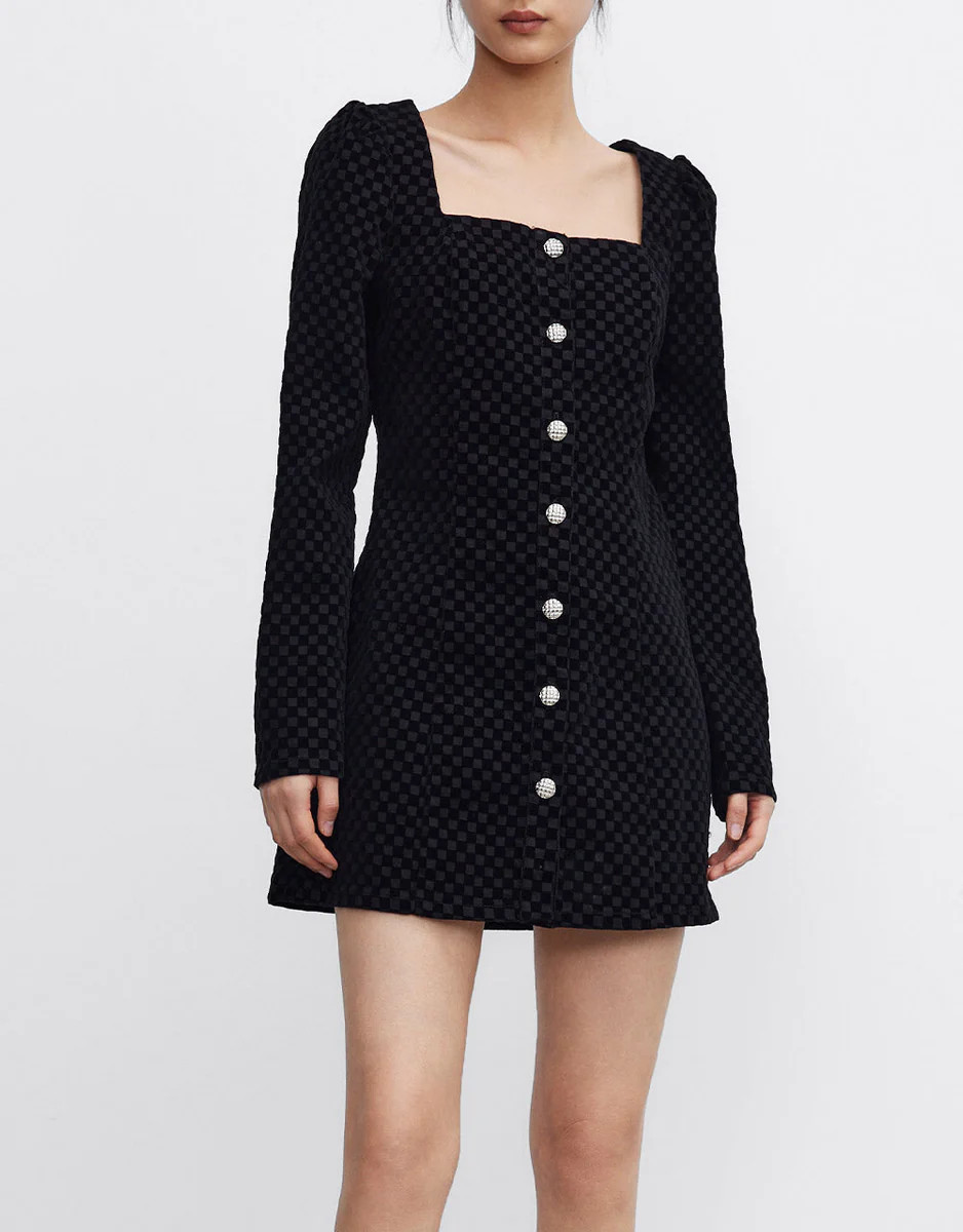 Checkered Button Front Denim Dress | Urban Revivo
