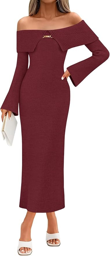 Saodimallsu Womens Off The Shoulder Maxi Sweater Dress Long Sleeve Bodycon Elegant Ribbed Knit Fa... | Amazon (US)