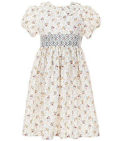 Edgehill Collection Little Girls Smocked Floral Peter Pan Collar Cap Sleeve Dress - 2T | Dillard's