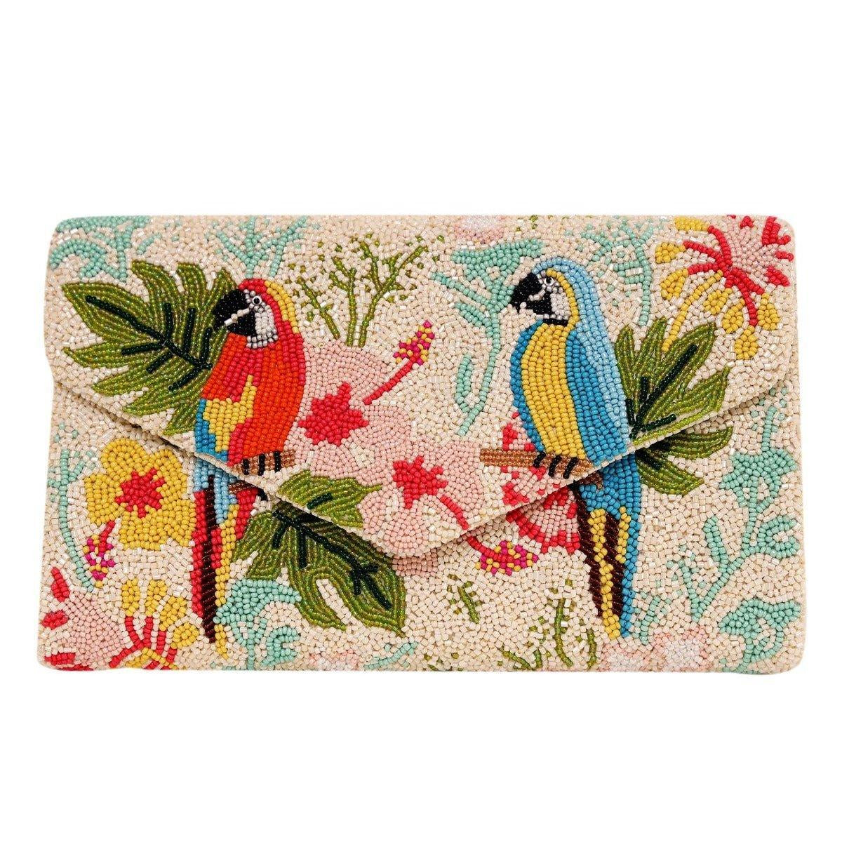 Beaded Tropical Parrot Motif Envelope Style Clutch Handbag | The Well Appointed House, LLC