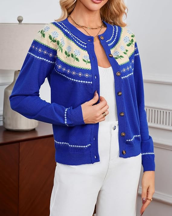 Womens Floral Cardigan Sweaters Long Sleeve Crew Neck Ribbed Trim Sweater | Amazon (US)