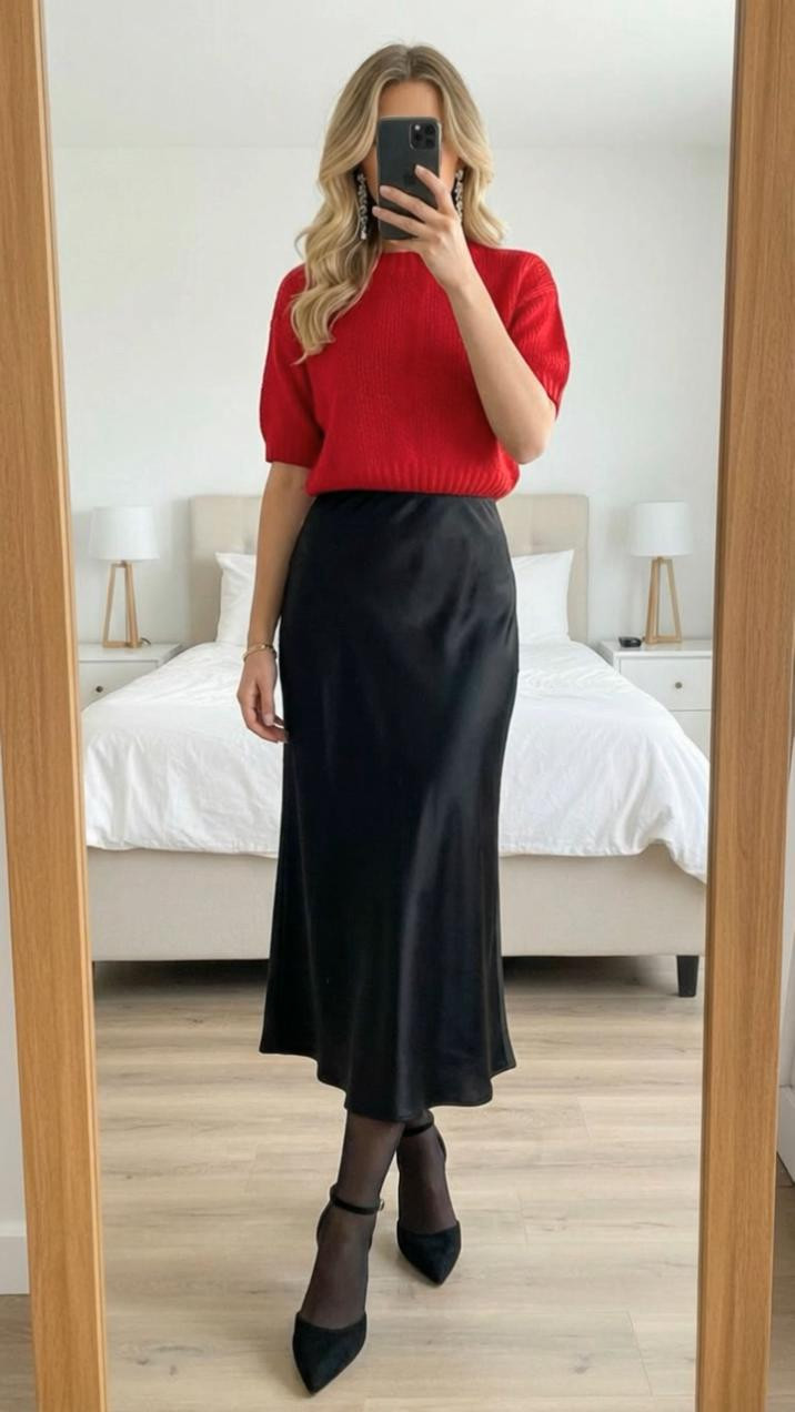 This red sweater is the perfect like casual holiday. Look you still look really dressed up in classic, but it’s also very comfy and easy to wear paired with a gorgeous black silk skirt. This is extremely comfortable. You can make this warmer by adding some fleece lined leggings to it some tights or you can go just regular tights and a cute heel, but you could definitely add some black Boots with this some knee-high is that would keep you warm as well and then pair it with a fur jacket or a leather jacket or even a great slouch coat from Aritzia

#LTKSeasonal #LTKgrwm #LTKHoliday