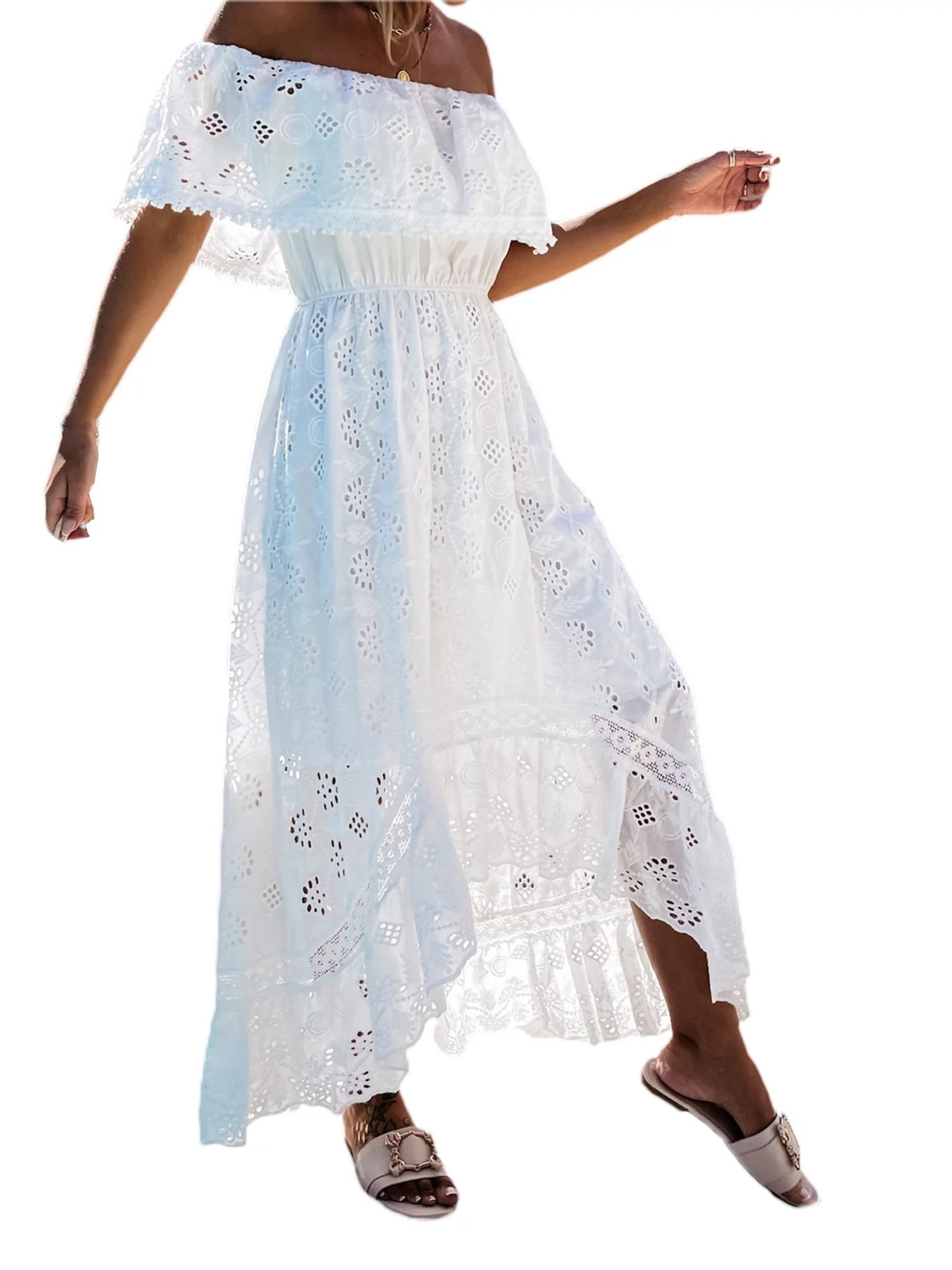 FOCUSNORM Women's Boho Lace Maxi Midi Dress Summer Off Shoulder Short Sleeve Lace Hollow Out Irre... | Walmart (US)