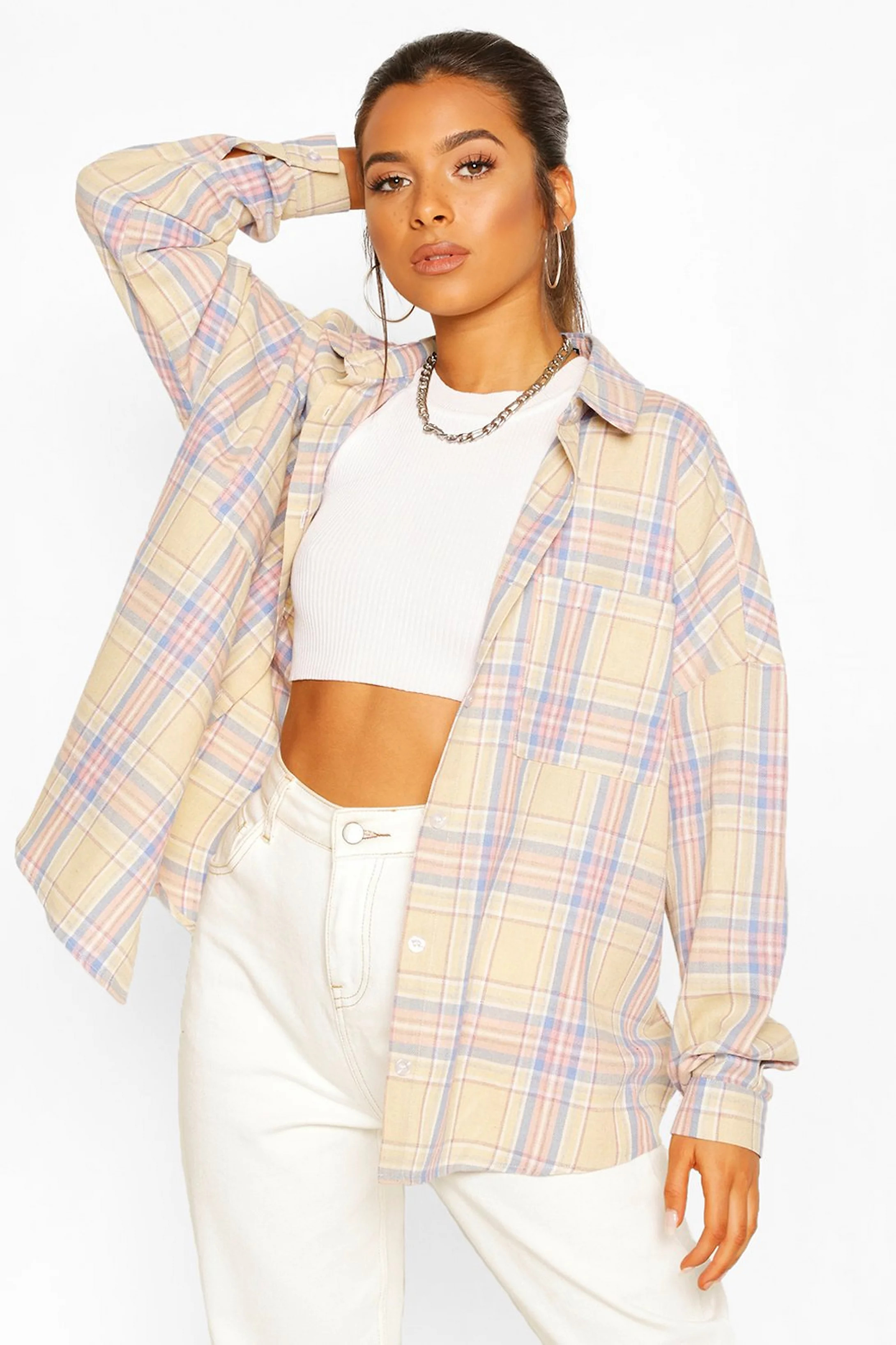 Petite Oversized Pocket Detail Flannel Shirt | Boohoo.com (US & CA)