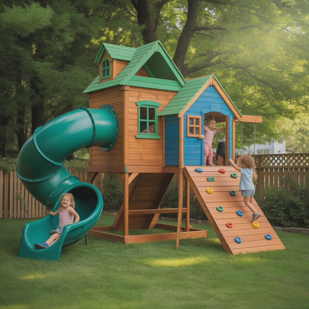 Natural Wood Swing Slide Playhouse – Backyard Outdoor Activity Center for Kids - Etsy | Etsy (US)