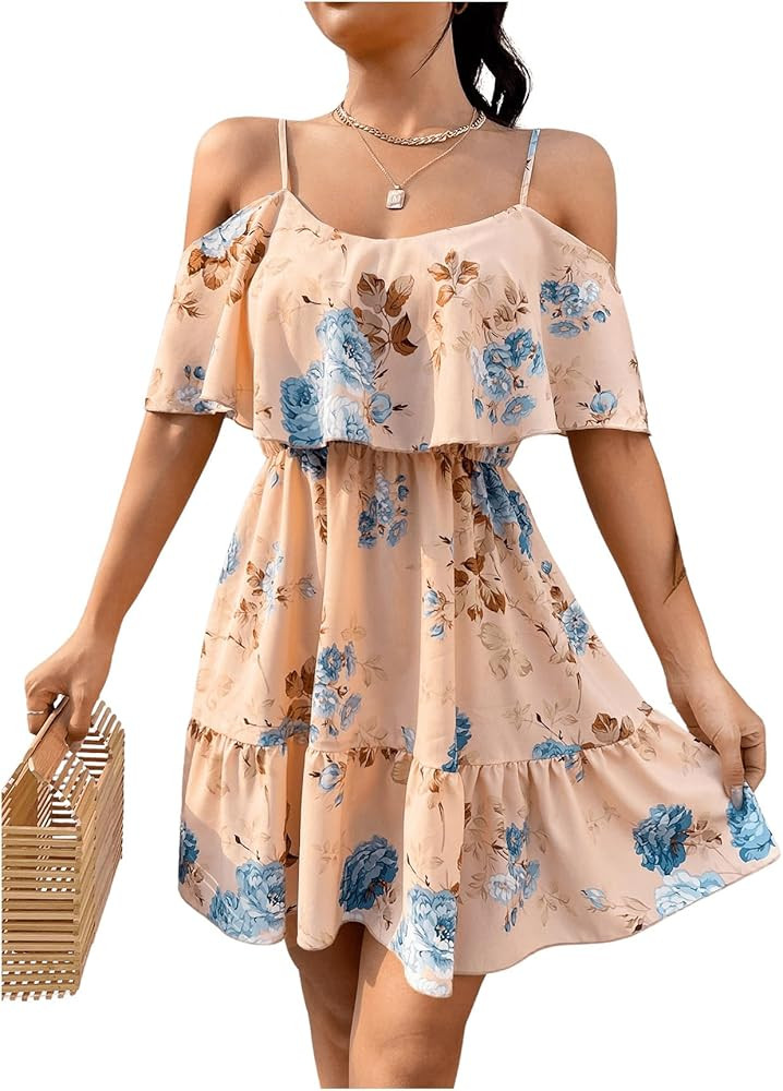 SOLY HUX Women's Boho Floral Print Cold Shoulder Dress Short Sleeve Ruffle A Line Vacation Elegan... | Amazon (US)