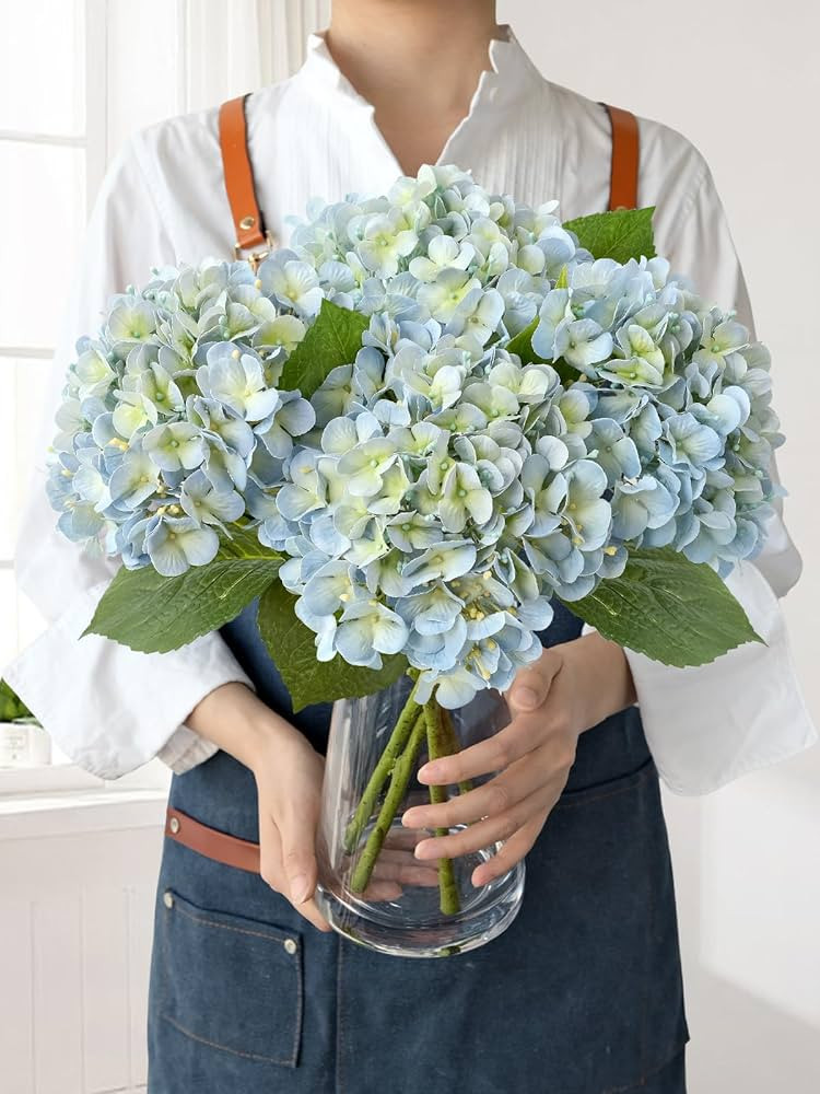 Light Blue Hydrangea Artificial Flowers,4Pcs 20" Real Touch Lifelike Silk Artificial Hydrangeas, ... | Amazon (US)