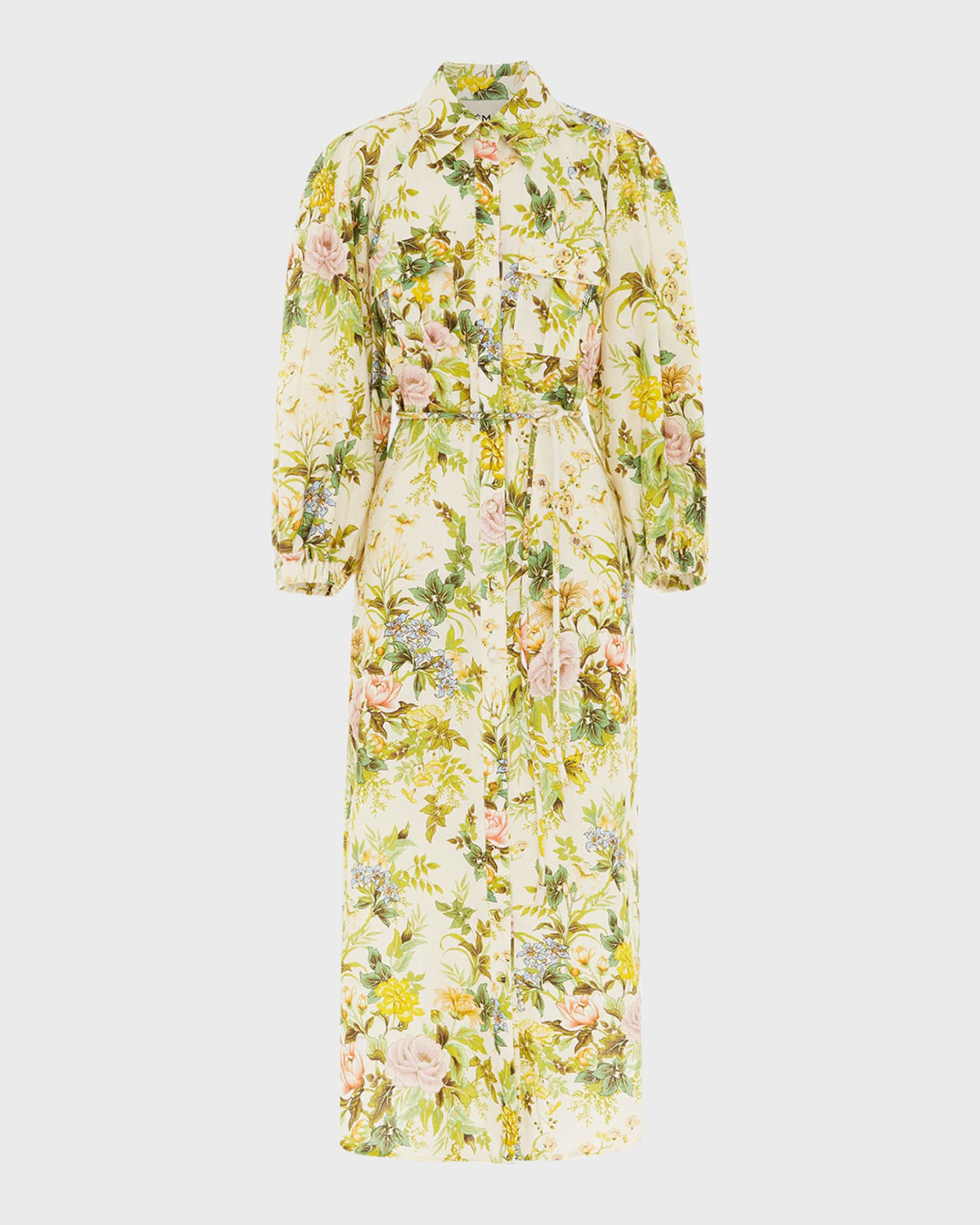 Eden Floral Linen Puff-Sleeve Midi Dress | Neiman Marcus