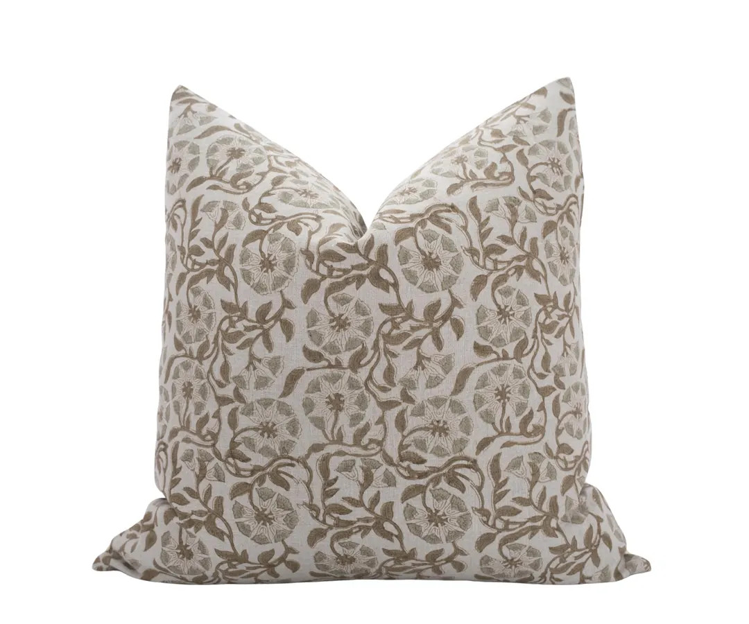 VANYA || Green & Brown Floral Pillow Cover Designer Pillow Neutral Block Print Pillow Farmhouse P... | Etsy (US)