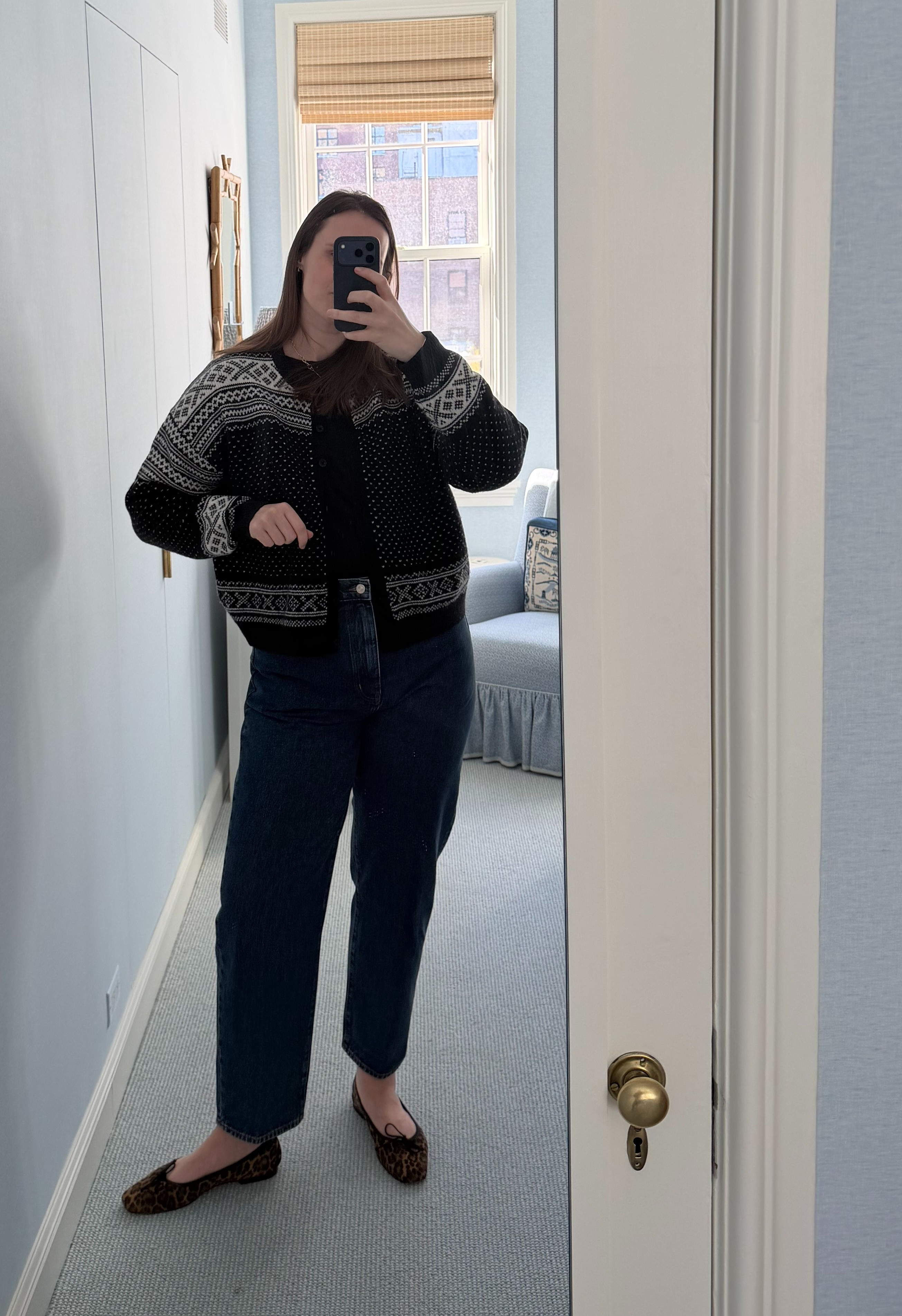 A casual winter outfit of a black and white fair isle cardigan in 100% wool from J.Crew and dark wash frame jeans. Size down 1-2 sizes in the jeans.  

 #LTKootd #LTKSaleAlert #LTKMidsize