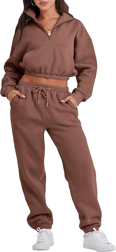 ANRABESS Women's Two Piece Outfits Long Sleeve Half Zip Crop Sweatsuit with Jogger Pants Lounge S... | Amazon (US)