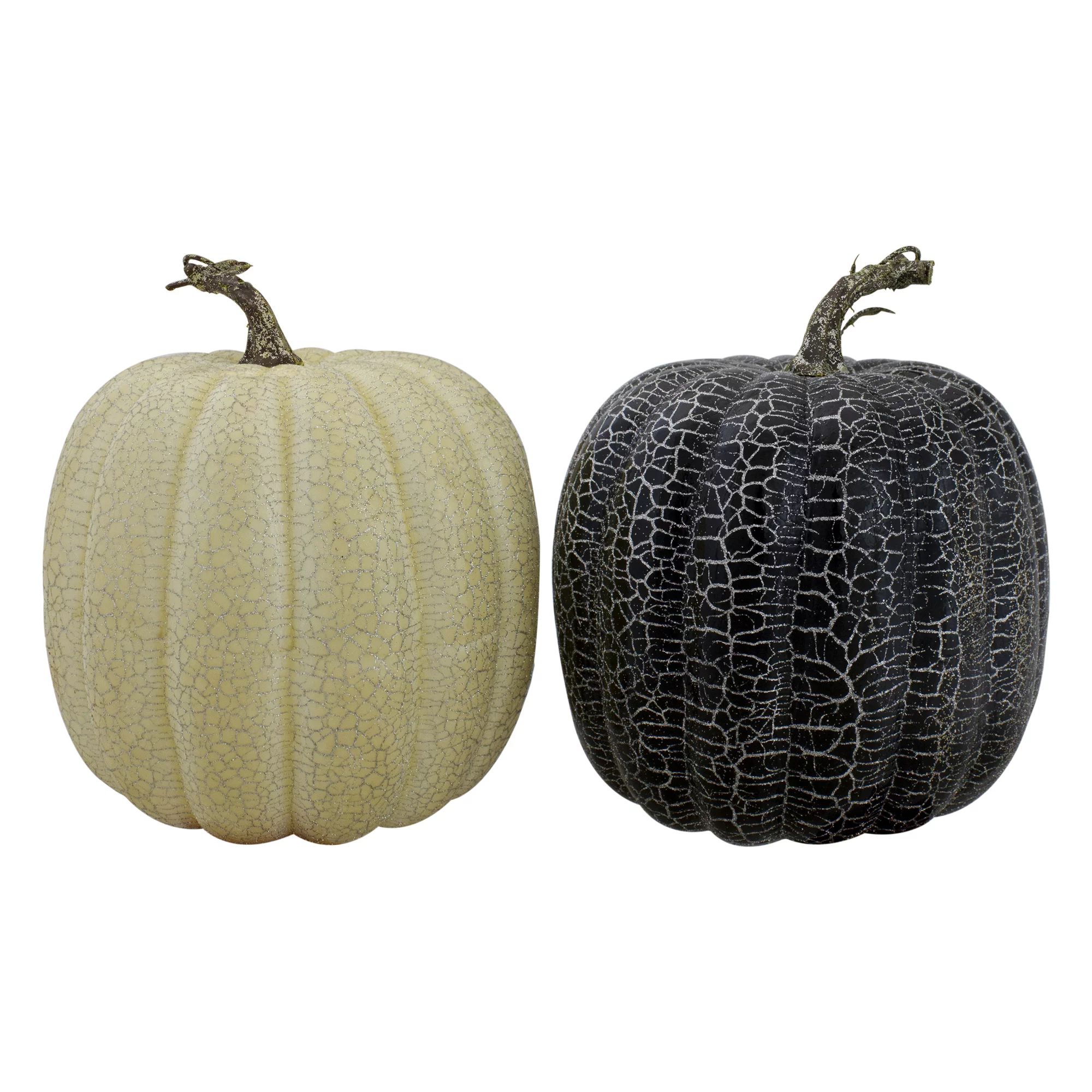 Set of 2 Black and Beige Fall Harvest Tabletop Pumpkins With a Brown Stem 7" | Walmart (US)