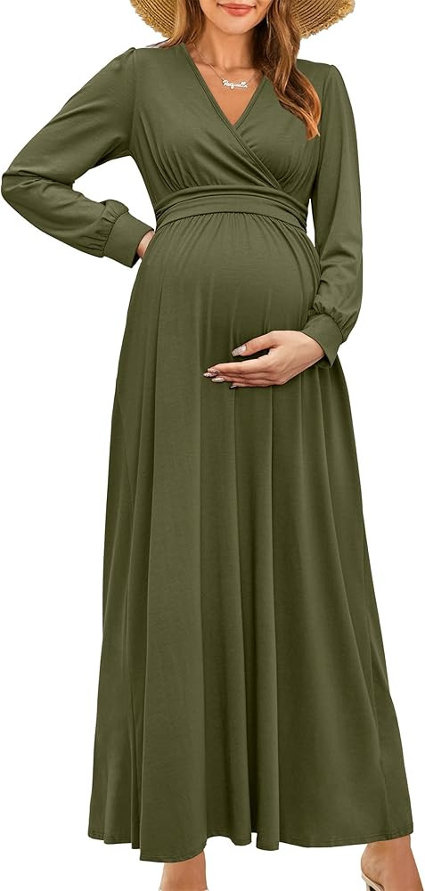 OUGES Maternity Maxi Dress Wrap V Neck Baby Shower Pregnancy Dresses for Photoshoot | Amazon (US)