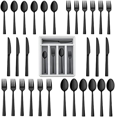 LIANYU 20-Piece Black Silverware Set with Tray, Stainless Steel Square Flatware Cutlery Set for 4... | Amazon (US)