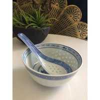 Rice Bowl Vintage With Spoon White Blue Chinoiserie Chic Decor | Etsy (US)