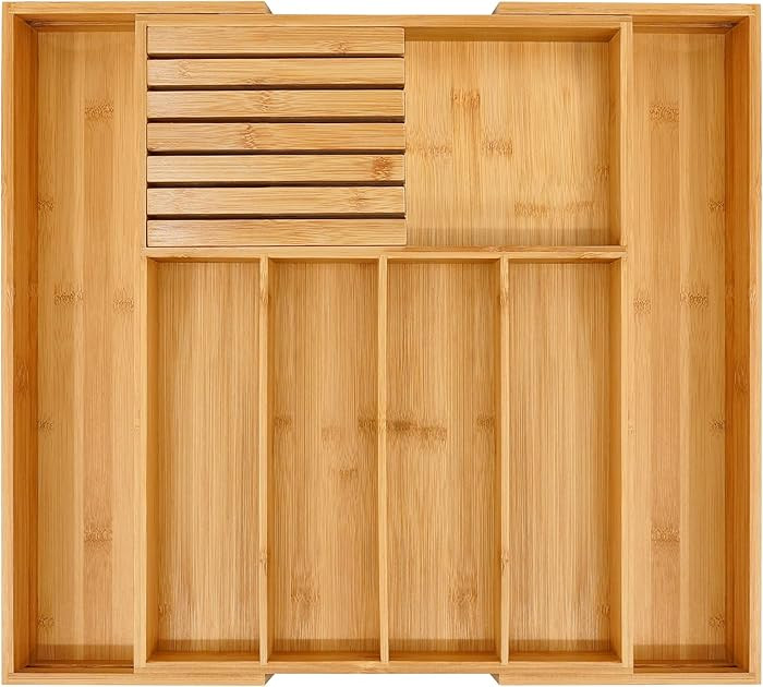 VaeFae Bamboo Silverware Drawer Organizer Kitchen, Expandable Utensil Organizer with Knife Block,... | Amazon (US)
