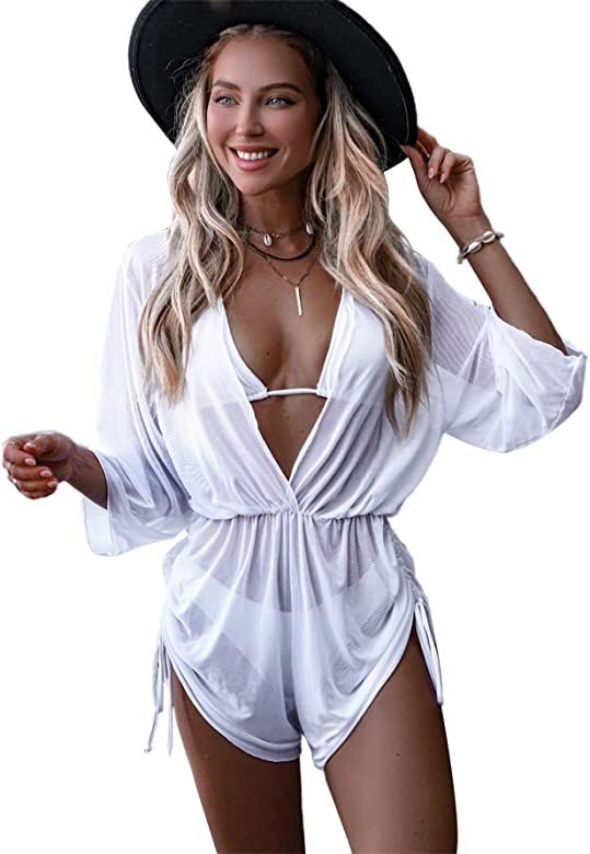 SheIn Women's 3 Piece Cover Up Swimsuits Tie Halter Bikini Set with Cover Up Romper Three Pieces Swi | Amazon (US)