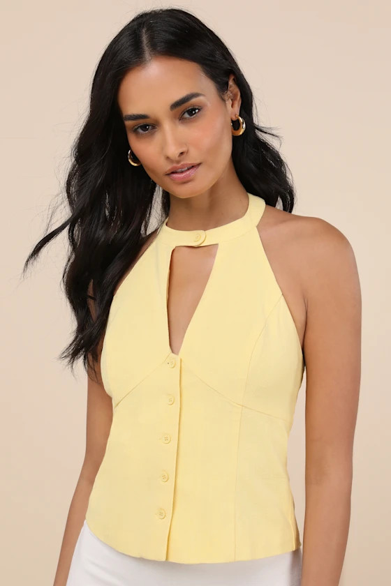 Pamula Light Yellow Halter Button-Front Top | Lulus