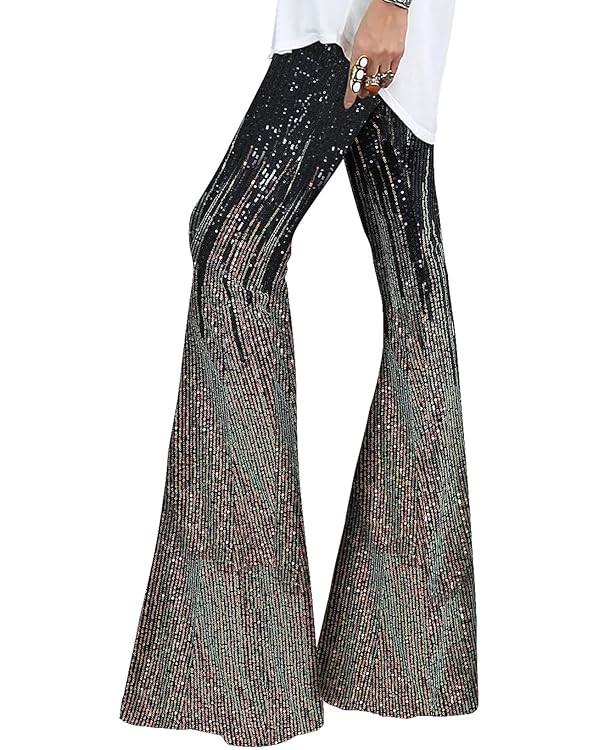 EVALESS Women Sequin Pants Sparkly Glitter High Waisted Wide Leg Flare Trousers Bell Bottom Night... | Amazon (US)