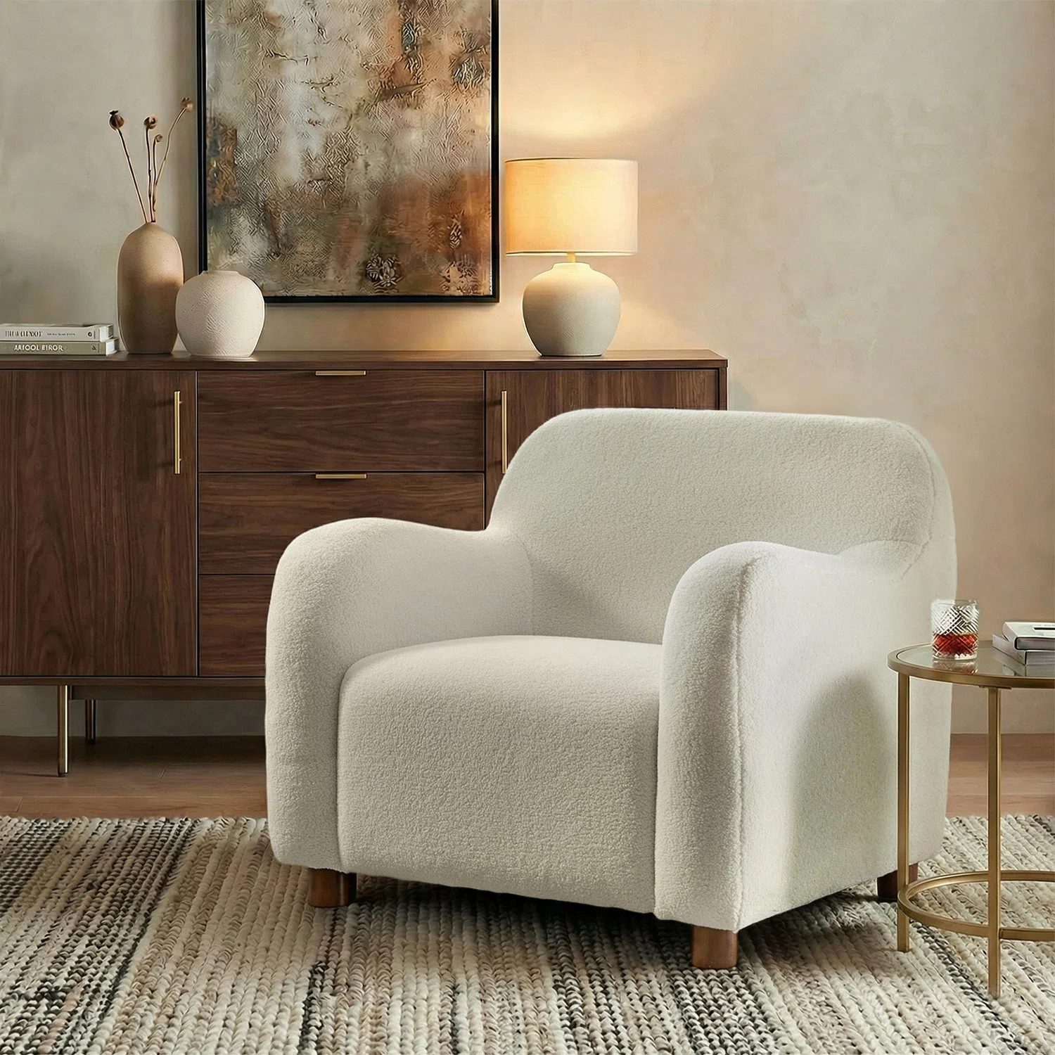 Berken 35'' Wide Lamb Wool Upholstered Teddy Armchair with Solid Wood Legs | Wayfair North America