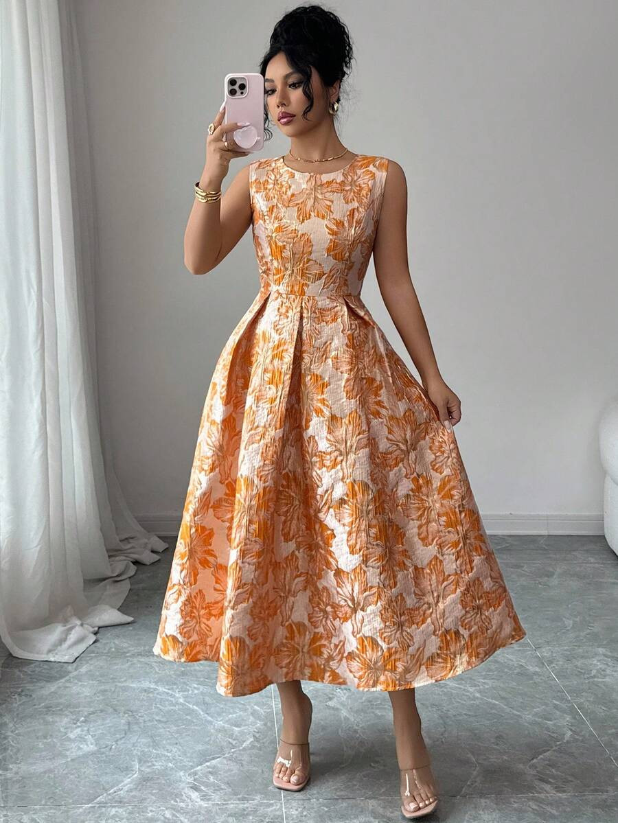 Elenzga Elegant Floral Print Sleeveless Waist Cinched Round Neck Dress For Women | SHEIN