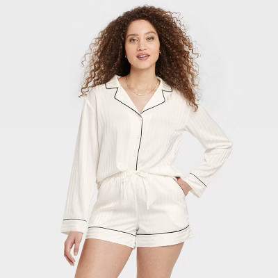 Women's Luxury Collection Shadow Striped Satin Notch Collar Top and Shorts Pajama Set - Auden™ White L: Recycled Polyester, Spandex | Target