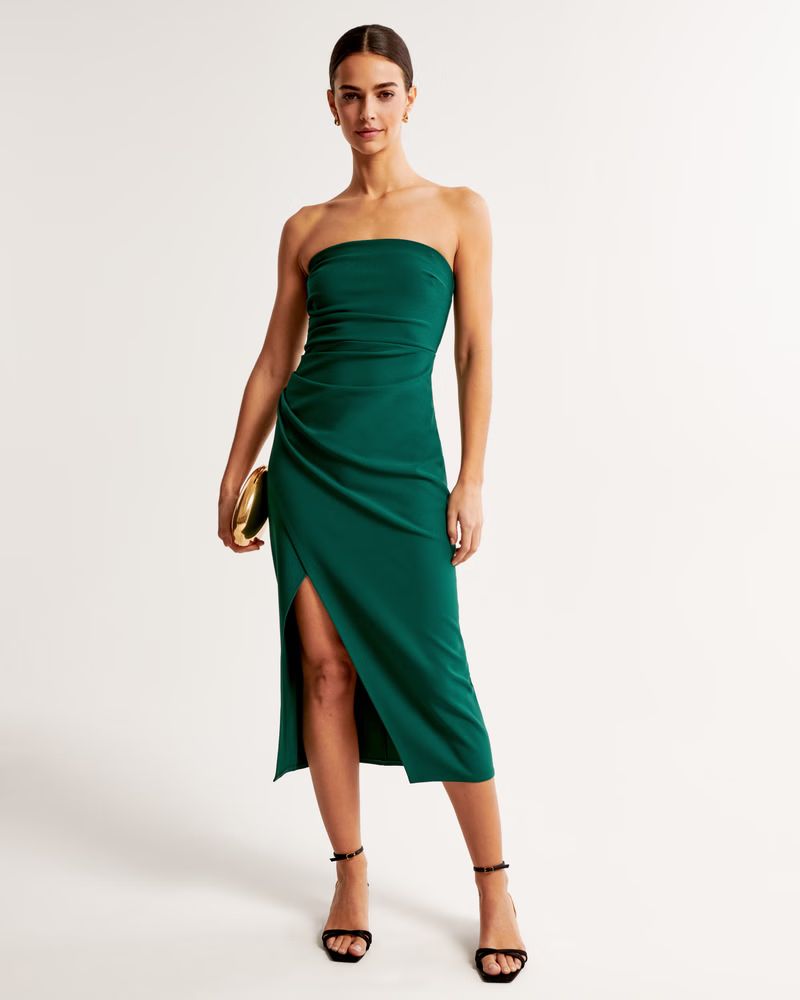 Strapless Crepe Midi Dress | Emerald Green Dress | Dark Green Dress | Abercrombie & Fitch (US)