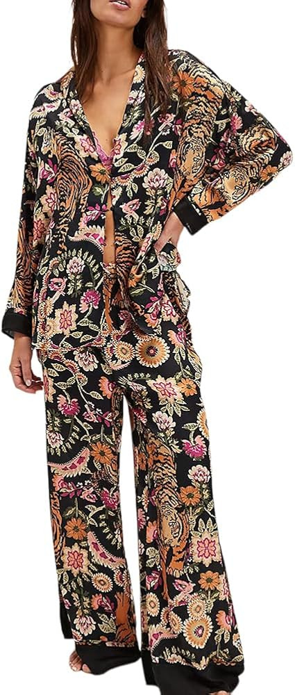 Women Satin Pajamas Set 2 Piece Western Cowgirl Silk Pjs Long Sleeve Floral Pjs Wide Leg Pants Bu... | Amazon (US)