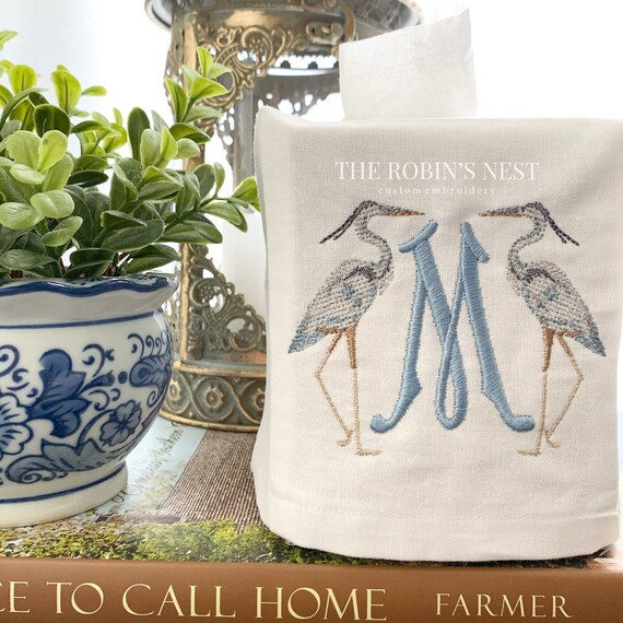 Monogrammed blue heron linen square tissue box cover | Etsy | Etsy (US)