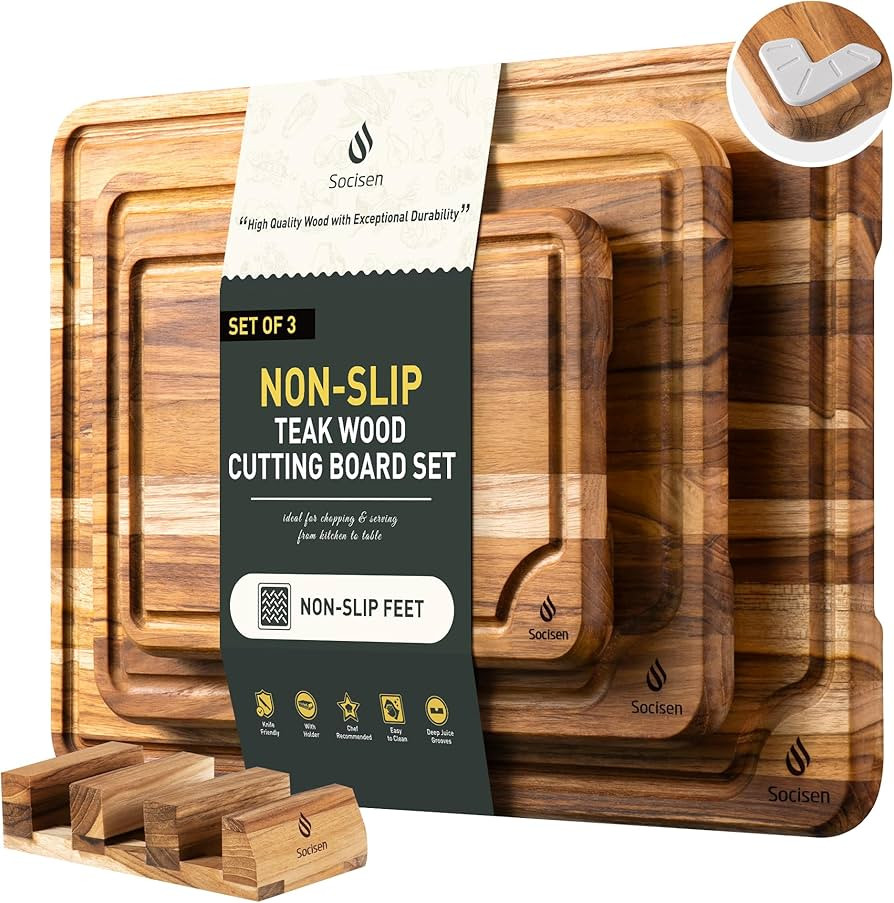 3 Pack Teak Wood Cutting Board Set for Kitchen Charcuterie Board Serving Heavy Duty Non Toxic Sli... | Amazon (US)