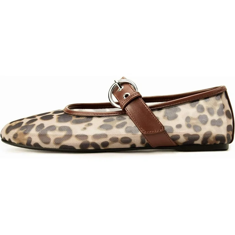 Leopard Print Flats for Women, Mesh Round-Toe Comfort Flats with Ankle Strap, Breathable Design | Walmart (US)