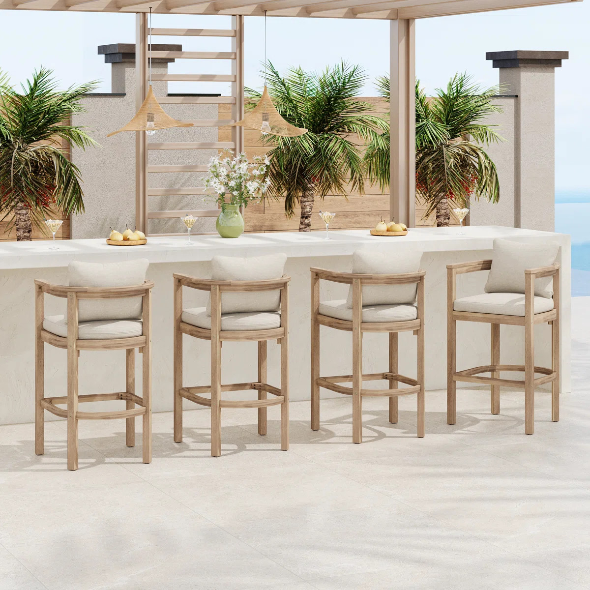 Gregorian Patio 30.3 Seat Height Acacia Wood Bar Stools With Cushions (Set of 4) | Wayfair North America
