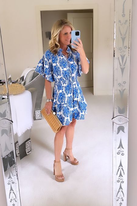 The perfect blue and white print dress for spring!   Has fabulous ruffle detail 
fits true to size
Under $100 

#LTKSeasonal #LTKstyletip #LTKover40