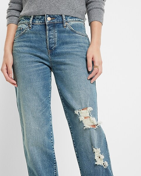 Mid Rise Medium Wash Ripped Boyfriend Jeans | Express
