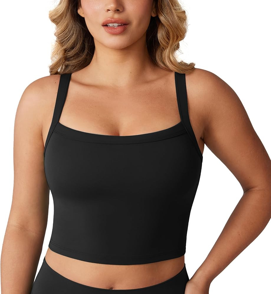 Hugcurve Adjustable Longline Sports Bra Square Neck Workout Tank Crop Tops for Women with Built i... | Amazon (US)