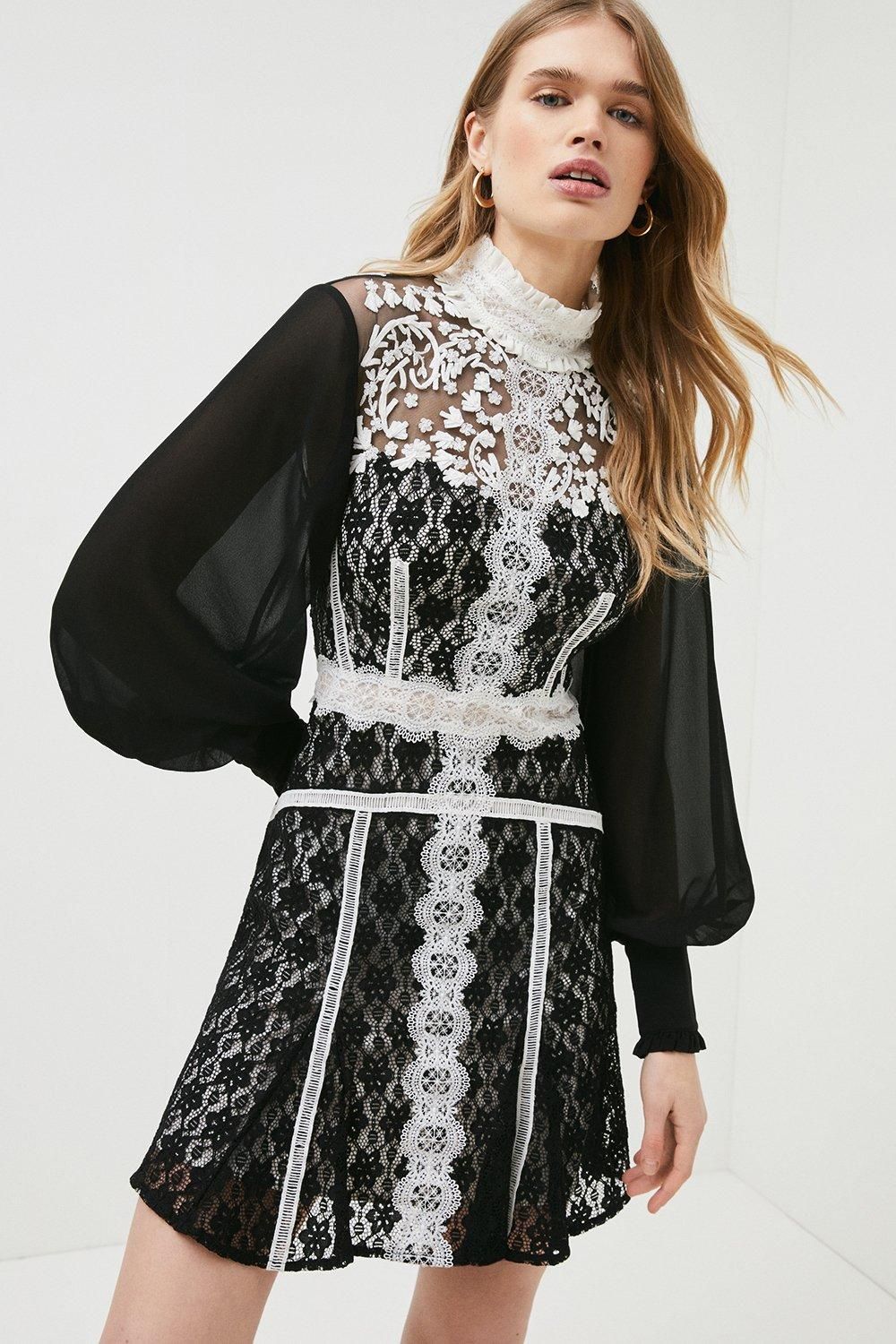 Lace & Applique Hi Neck Woven Mini Dress | Karen Millen UK & IE