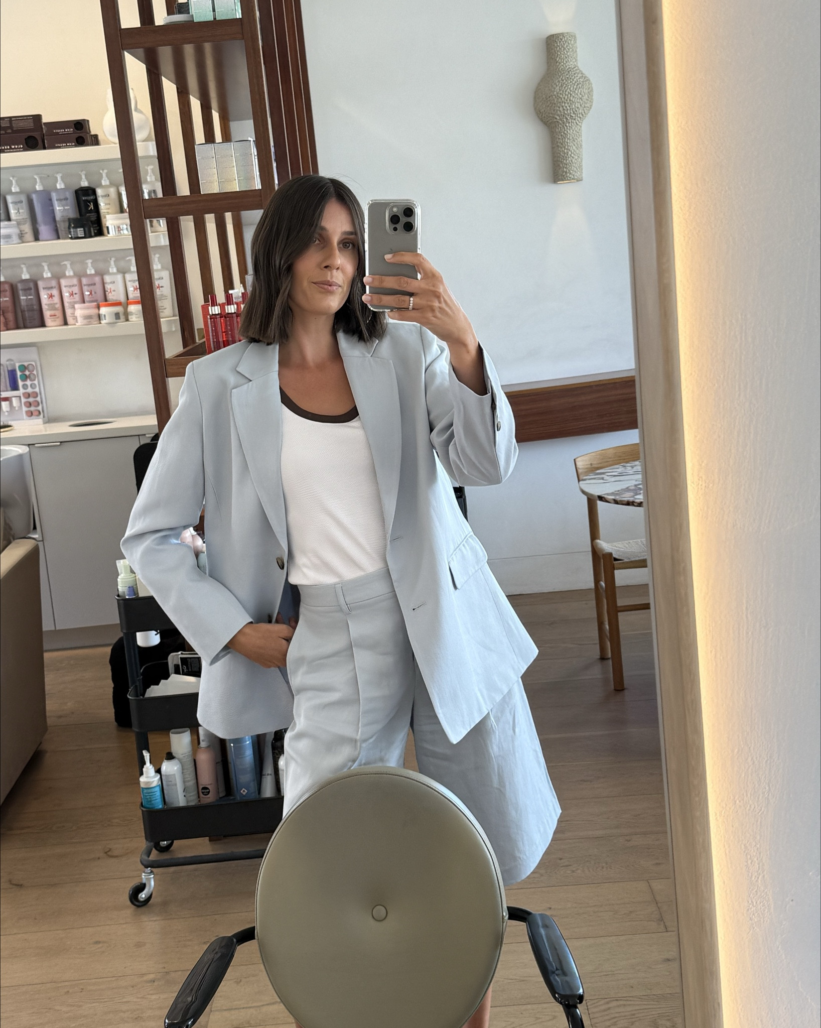 What I wore to get my haircut. Absolutely loving this Blazer and Bermuda shorts combo from sportscraft. Blazer is a size 10, tank is XXS and shorts are an 8. Slides are Billini and my bag is La.tribe. Felt so chic in this today x 