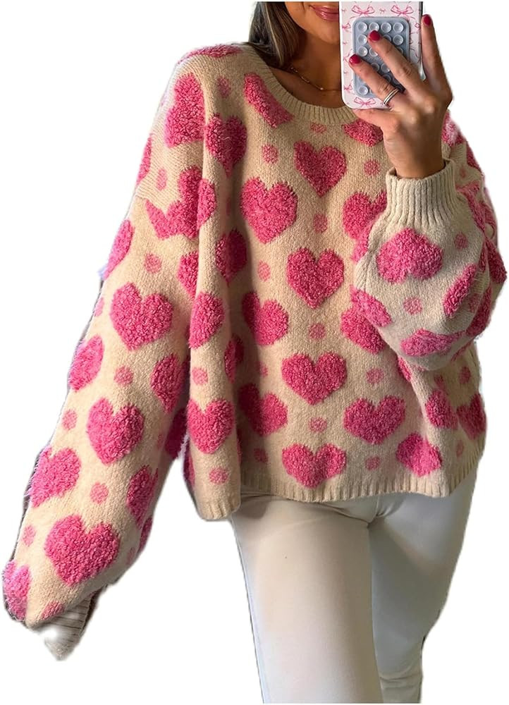 Women Casual Heart Sweater Loose Love Heart Print Knit Pullover Y2K Oversized Cute Valentines Kni... | Amazon (US)
