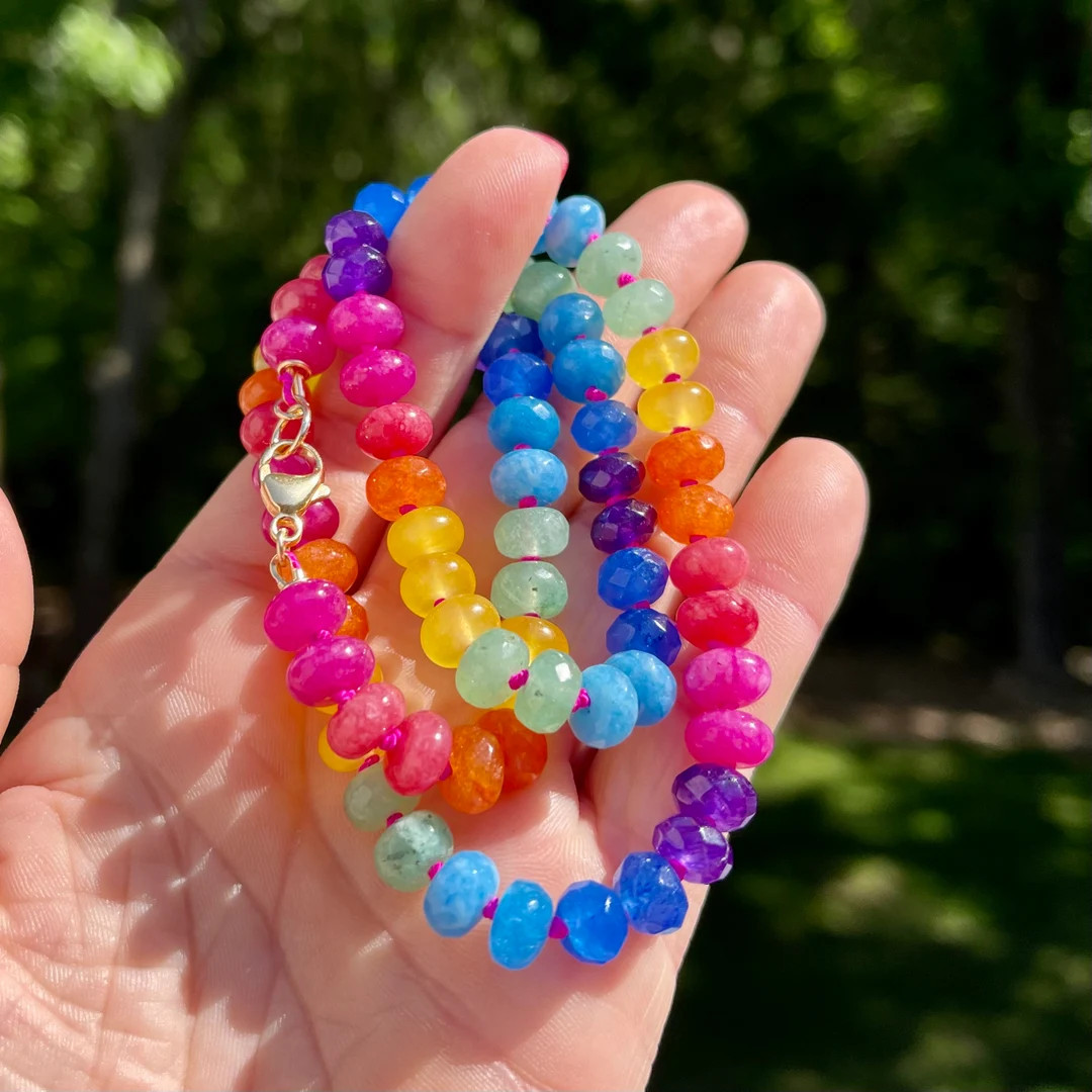 Bright Rainbow Gemstone Necklace, Maximalist Accessories, Gem Candy Jewelry, Knotted Rainbow Neck... | Etsy (US)